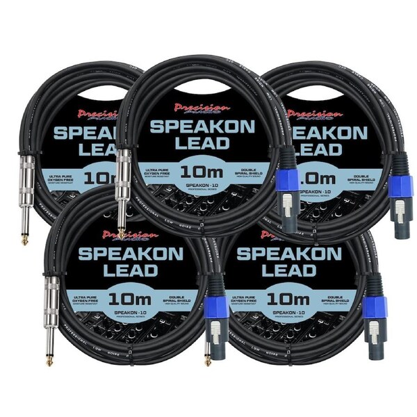 Precision Audio 5 Pack Speakon To 1/4" 6.35mm Cable Amp Mixer Speaker 10m SPEAKON635