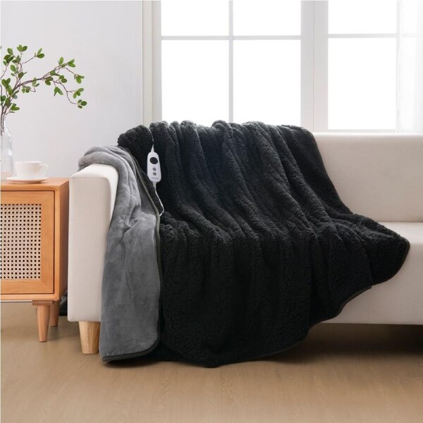 Dreamaker Reversible Sherpa & Coral Fleece Heated Throw Charcoal & Silver 200 x 180cm