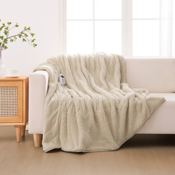 Dreamaker Eve Reversible Sherpa & Coral Fleece Heated Throw Cream 200 x 180cm