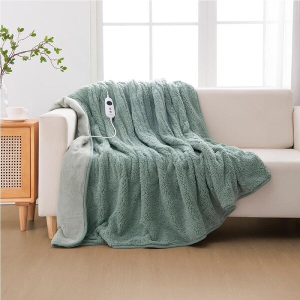 Dreamaker Eve Reversible Sherpa & Coral Fleece Heated Throw Olive & Sage 200 x 180cm