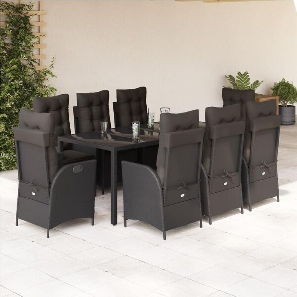 9 Piece Garden Dining Set with Cushions Black Poly Rattan vidaXL