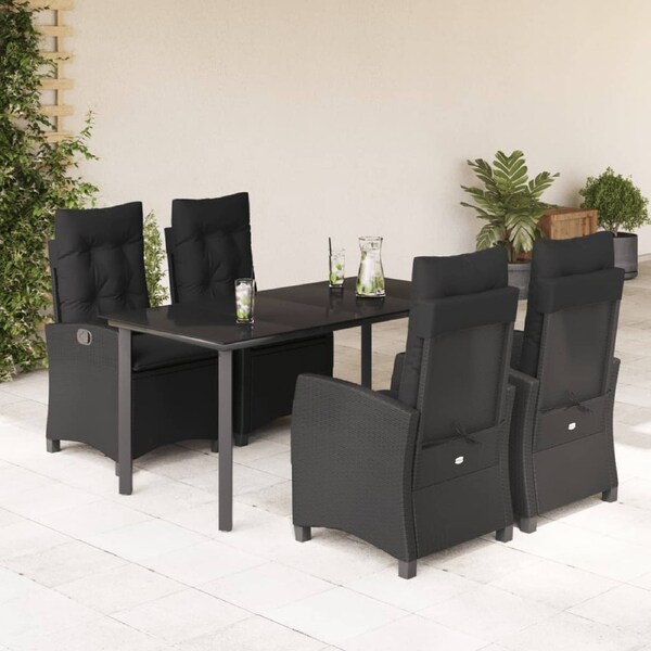 5 Piece Garden Dining Set with Cushions Black Poly Rattan vidaXL