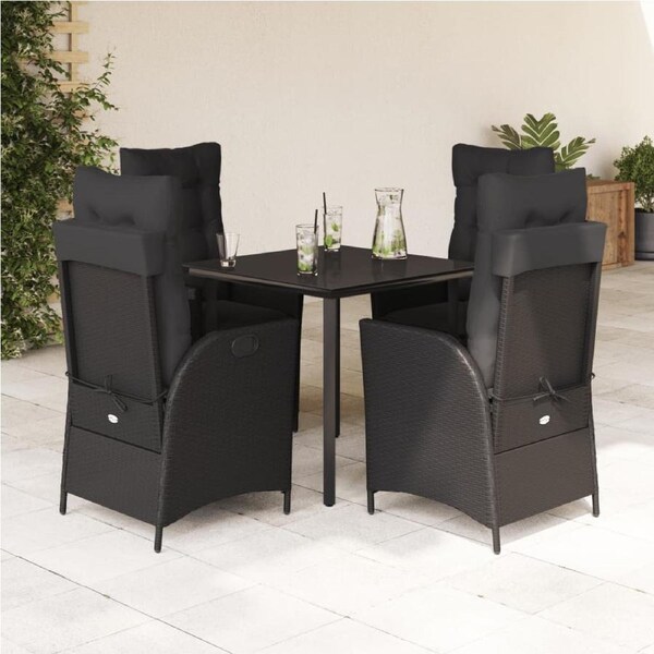 5 Piece Garden Dining Set with Cushions Black Poly Rattan vidaXL