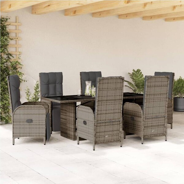 7 Piece Garden Dining Set with Cushions Grey Poly Rattan vidaXL