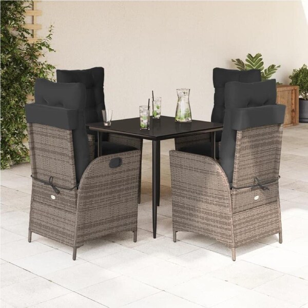 5 Piece Garden Dining Set with Cushions Grey Poly Rattan vidaXL