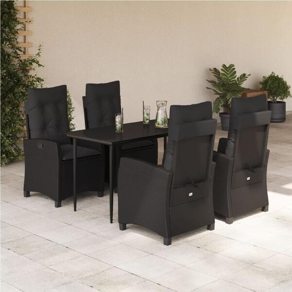 5 Piece Garden Dining Set with Cushions Black Poly Rattan vidaXL