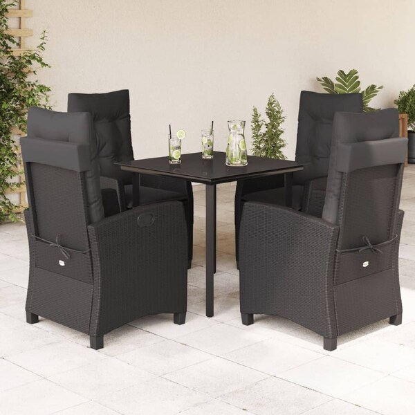 5 Piece Garden Dining Set with Cushions Black Poly Rattan vidaXL
