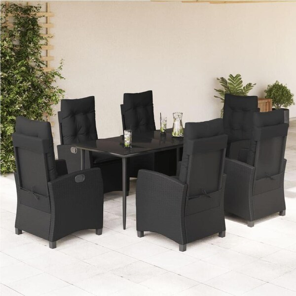 7 Piece Garden Dining Set with Cushions Black Poly Rattan vidaXL