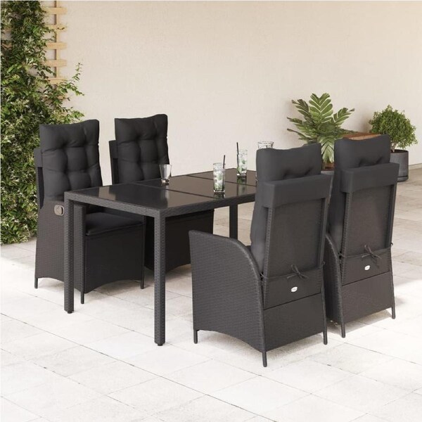 5 Piece Garden Dining Set with Cushions Black Poly Rattan vidaXL
