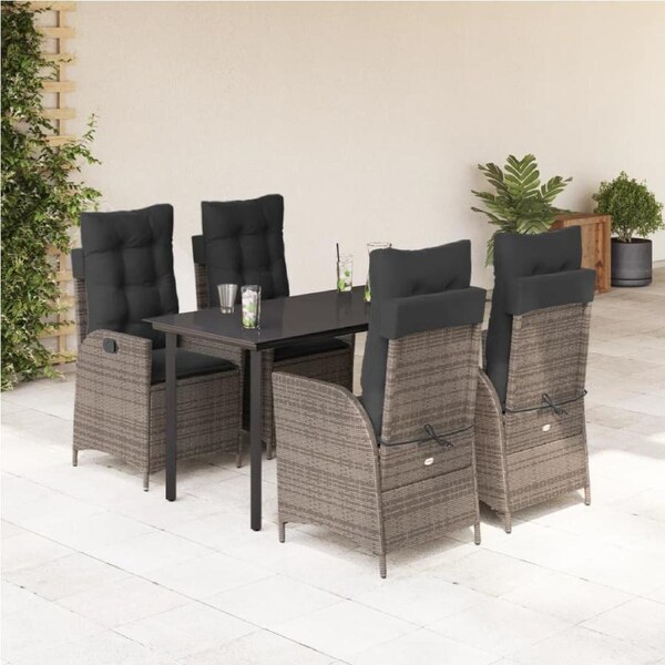 5 Piece Garden Dining Set with Cushions Grey Poly Rattan vidaXL
