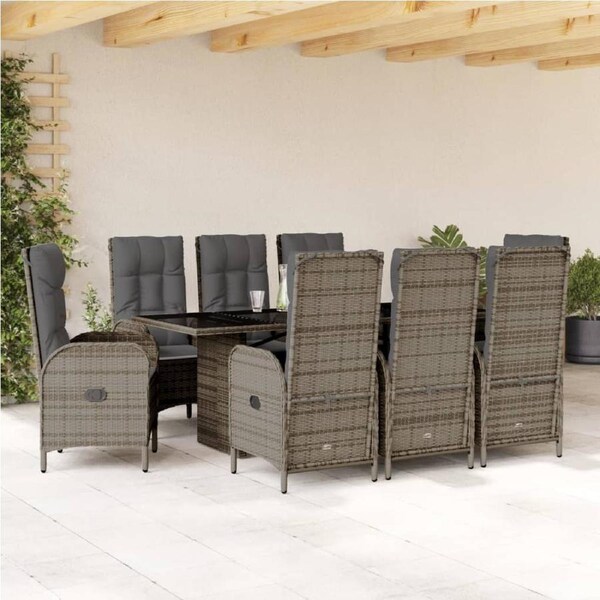 9 Piece Garden Dining Set with Cushions Grey Poly Rattan vidaXL