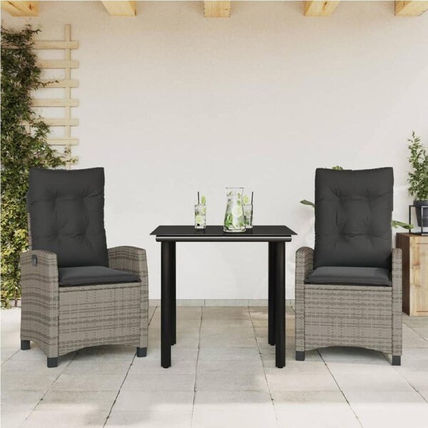 3 Piece Garden Dining Set with Cushions Grey Poly Rattan vidaXL