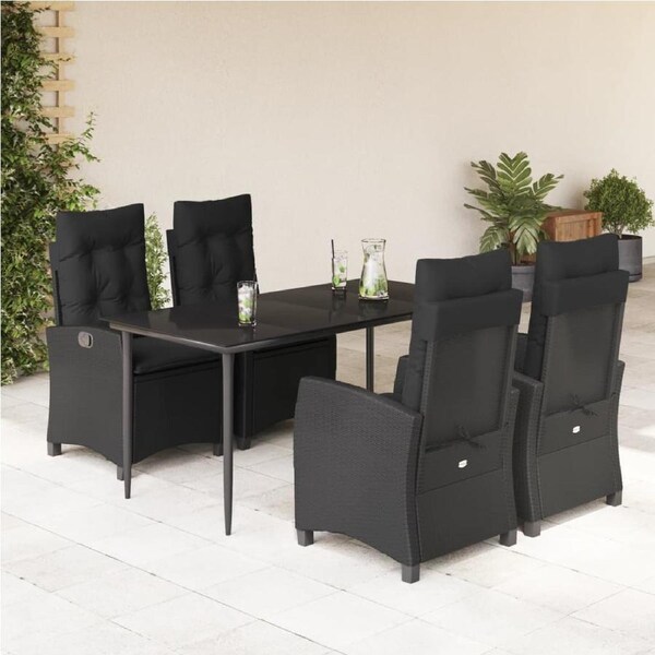 5 Piece Garden Dining Set with Cushions Black Poly Rattan vidaXL