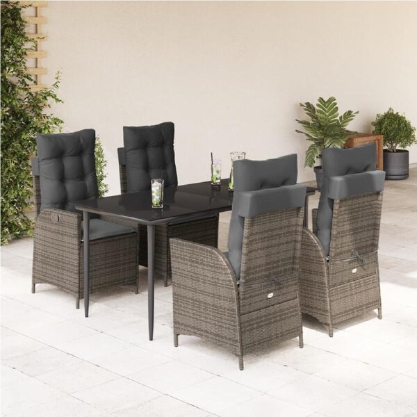 5 Piece Garden Dining Set with Cushions Grey Poly Rattan vidaXL