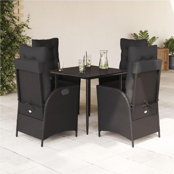 5 Piece Garden Dining Set with Cushions Black Poly Rattan vidaXL