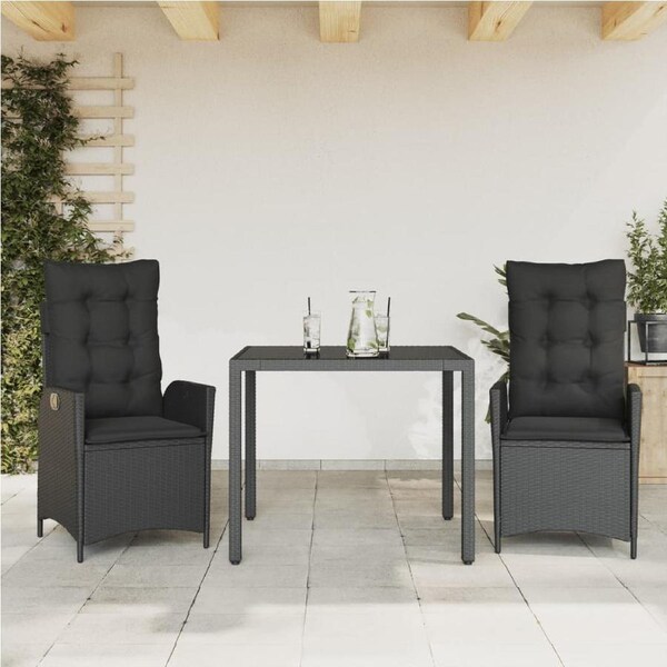 3 Piece Garden Dining Set with Cushions Black Poly Rattan vidaXL