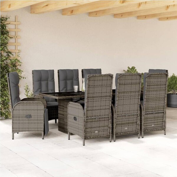 9 Piece Garden Dining Set with Cushions Grey Poly Rattan vidaXL