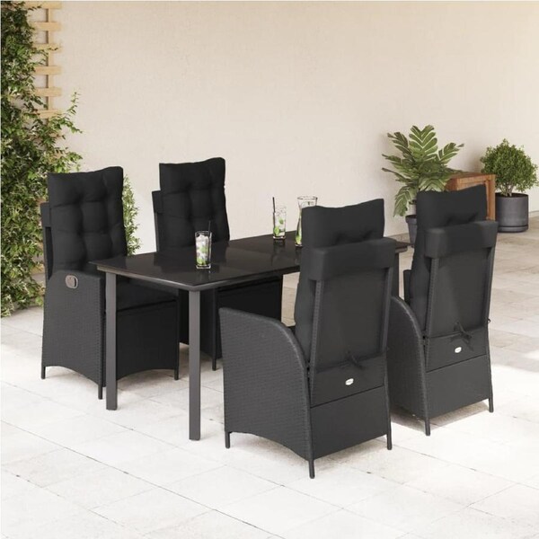 5 Piece Garden Dining Set with Cushions Black Poly Rattan vidaXL