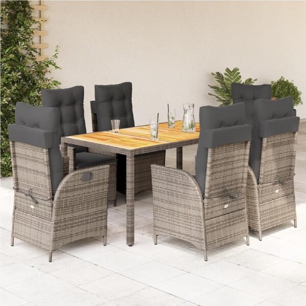 7 Piece Garden Dining Set with Cushions Grey Poly Rattan vidaXL