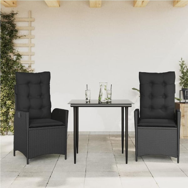3 Piece Garden Dining Set with Cushions Black Poly Rattan vidaXL