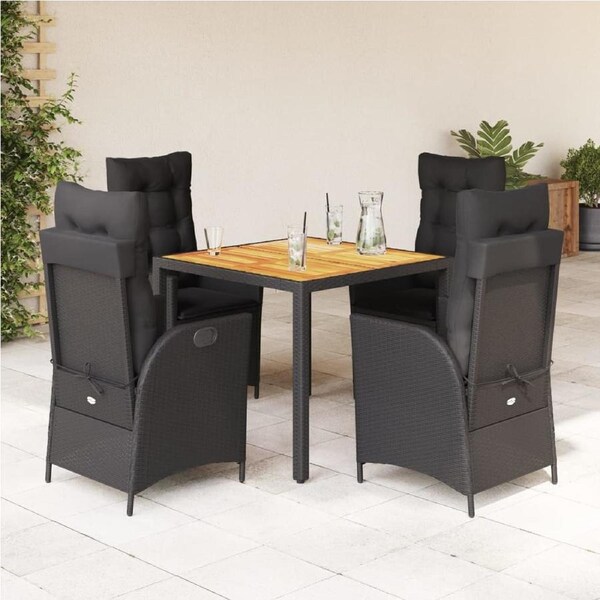 5 Piece Garden Dining Set with Cushions Black Poly Rattan vidaXL