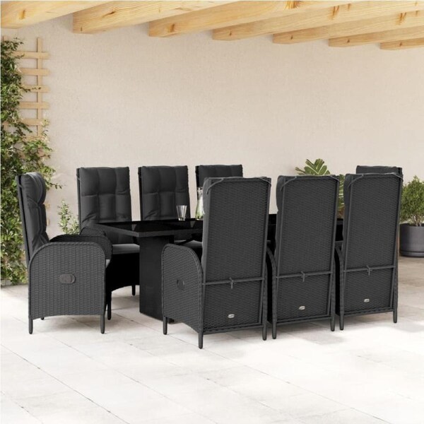 9 Piece Garden Dining Set with Cushions Black Poly Rattan vidaXL