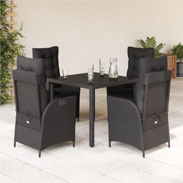 5 Piece Garden Dining Set with Cushions Black Poly Rattan vidaXL
