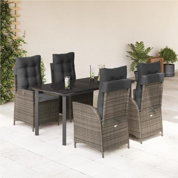 5 Piece Garden Dining Set with Cushions Grey Poly Rattan vidaXL