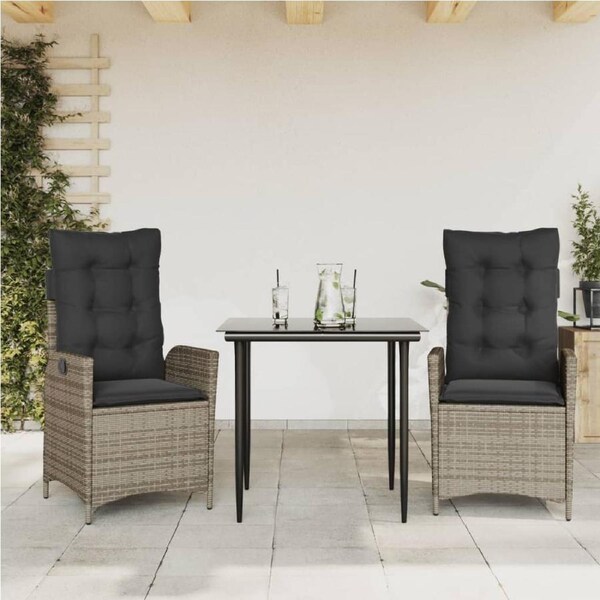 3 Piece Garden Dining Set with Cushions Grey Poly Rattan vidaXL
