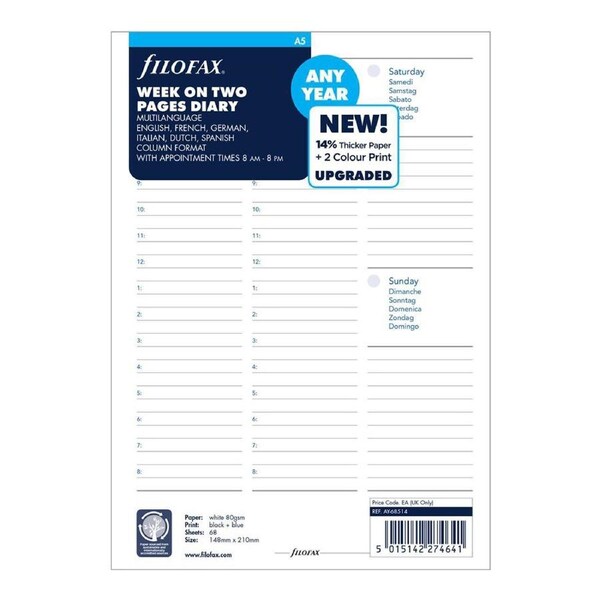 Filofax A5 Week on Two Pages Diary Refill Memo/Reminder/Appointment Organiser