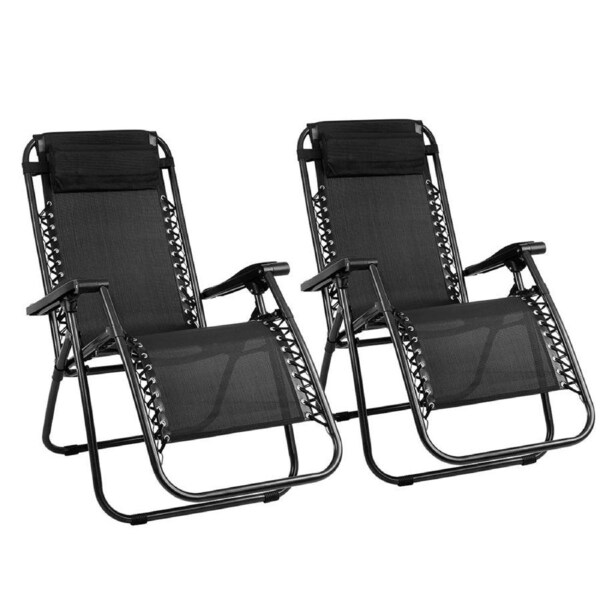 Outdoor Reclining Chairs Folding Camping Sun Lounge Set of 2 - Black