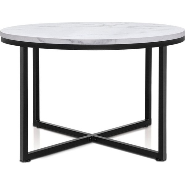 Coffee Table Marble Effect Side Tables Bedside Round Black Metal 70X70CM