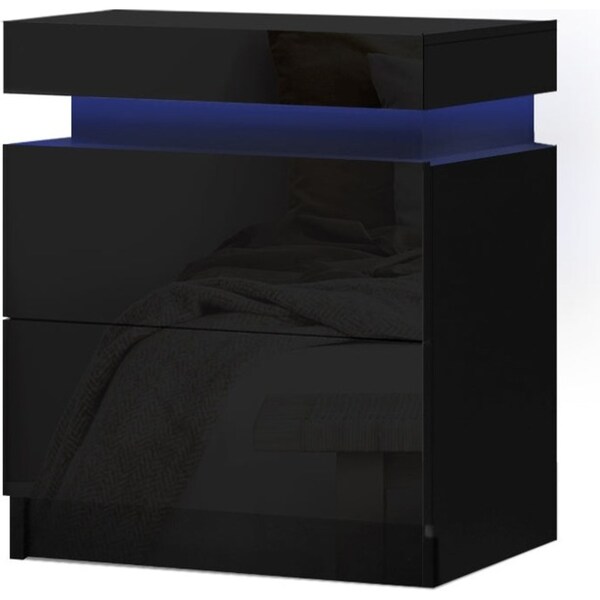 Bedside Tables Side Table Drawers RGB LED High Gloss Nightstand Black