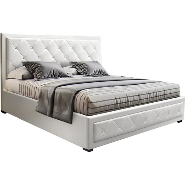 Bed Frame PU Leather Gas Lift Storage - White Queen