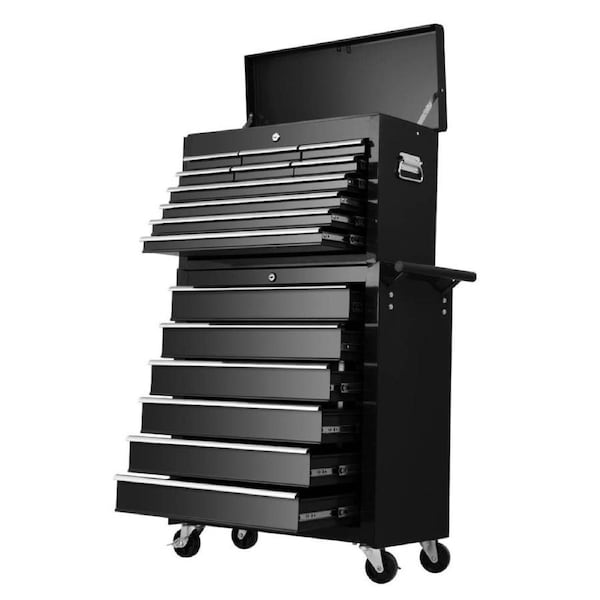 Tool Box Chest Trolley Cabinet Garage Storage Black - 16 Drawers