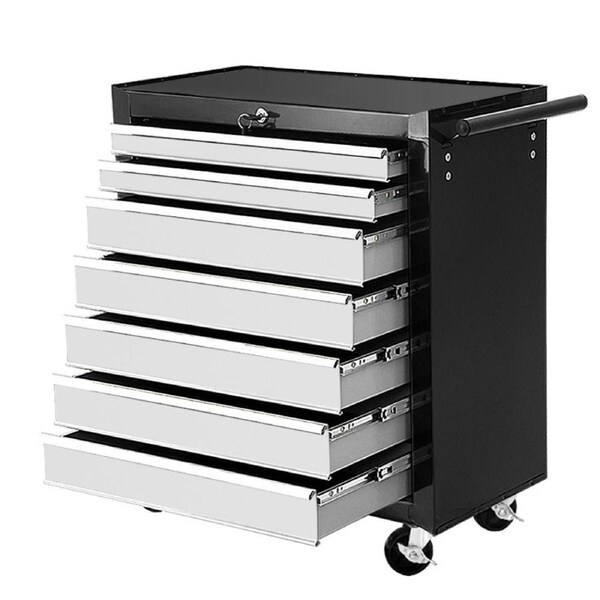 Garage Storage Tool Trolley Box Cabinet Cart Black Silver - 7 Drawers