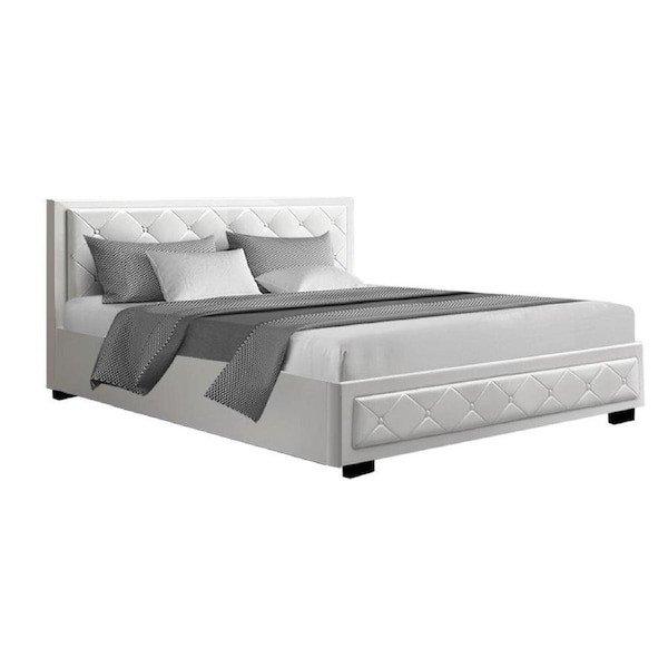 Bed Frame King Size Gas Lift Base With Storage White Leather Collection