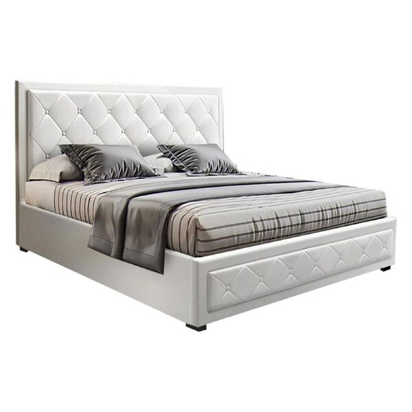 Bed Frame PU Leather Gas Lift Storage - White Double