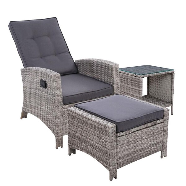 Outdoor Setting Recliner Chair Table Set Wicker Lounge Patio - Grey