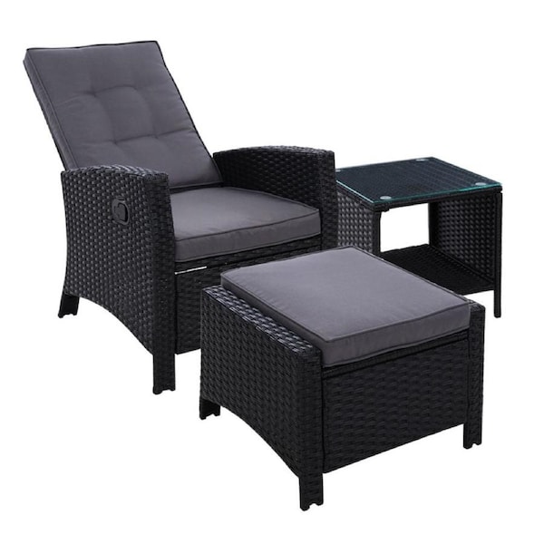 Outdoor Setting Recliner Chair Table Set Wicker Lounge Patio - Black