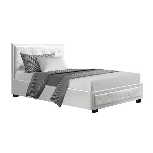Bed Frame PU Leather Gas Lift Storage - White King Single