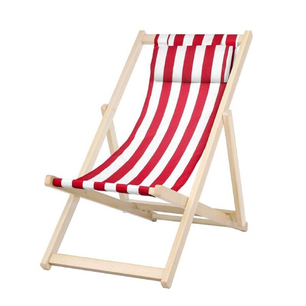 Outdoor Furniture Wooden Lounge Beach Chair Patio - Red and White Stripe