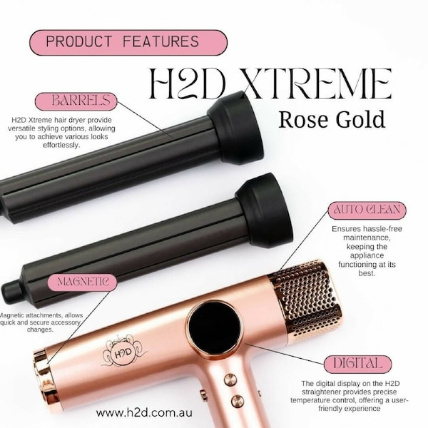 H2D Xtreme Hairdryer Four In One Hair Dryer & Styler in Rose Gold
