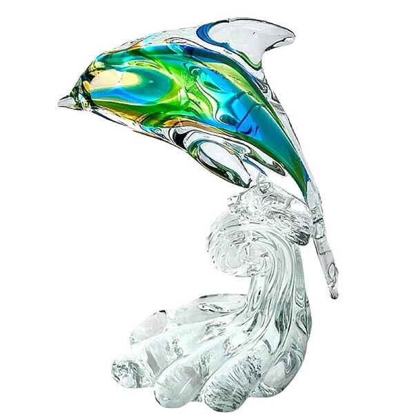 Coloured Art Glass 15cm Dolphin Green on Wave Collectible Figurine Ornament, Whitehill CMG-BREACHG