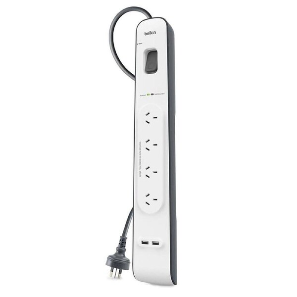 Belkin 4-Outlet Surge Protection Strip with 2,4 Amp USB Charging, White/Grey - BSV401au2M