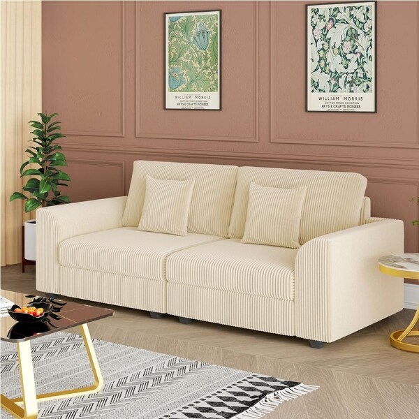 Advwin 3 Seaters Sofa Corduroy Modular Couch Modern Lounge Comfy Sofa with Cushions Beige