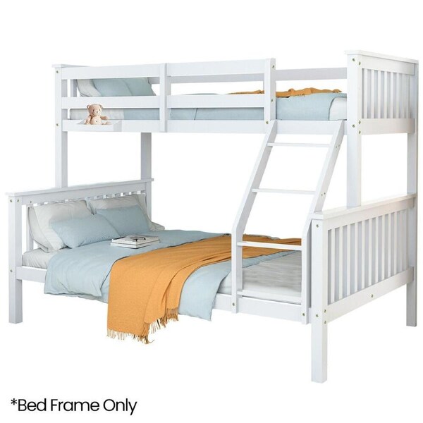 Kingston Slumber Single Over Double Wooden Bunk Bed Frame, Triple Solid Pine 2-in-1 Modular Design, Converts to 2 Beds, For Kids, White