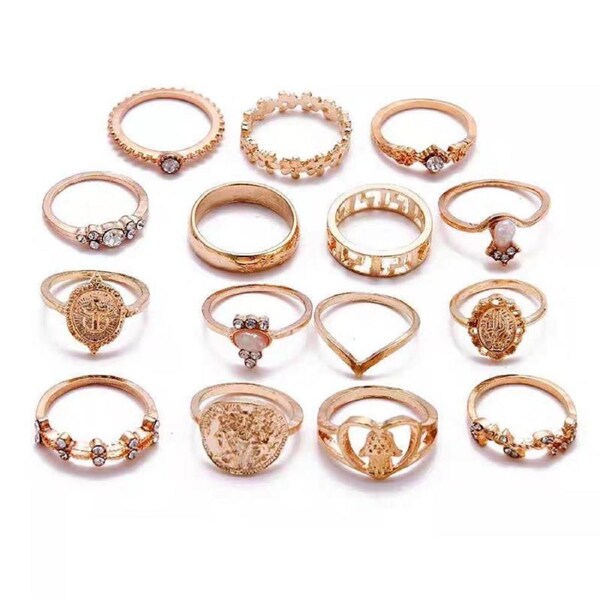 Gold Hollow Stackable Joint Ring Set 15 PCS Various Styles Versatile Womens