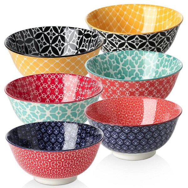 Porcelain Cereal Bowls,Soup Bowls, Cute Oatmeal Bowls for Pasta, Small Salad, Stews, Rice, Microwave and Dishwasher Safe, Lightweight, Set of 6