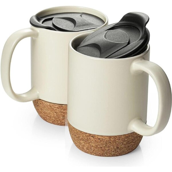 Coffee Mugs Set of 2, Ceramic Mug with Cork Bottom and Splash Proof Lid, Large Coffee Mug with Handle for Coffee Tea Latte, Gifts for Parents
